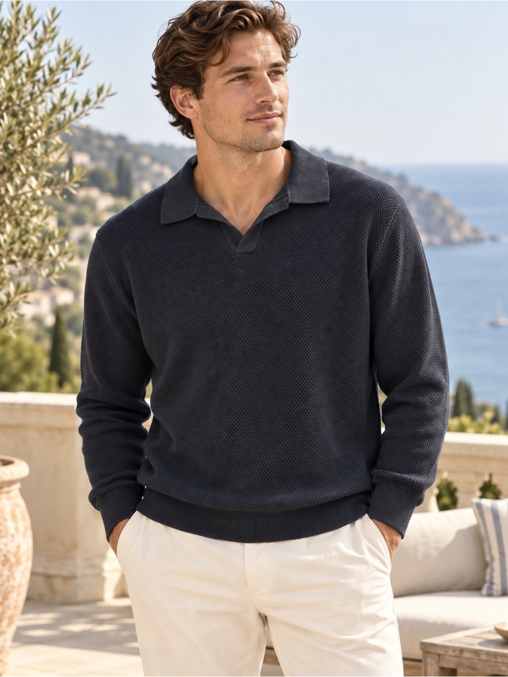J.Crew Men’s XL Navy Mesh Stitch Johnny Collar Sweater Polo Cotton Quiet Luxury